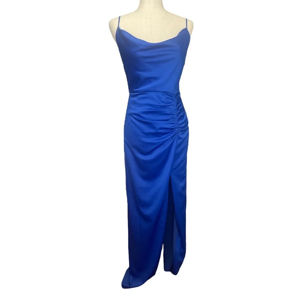 Laundry by Shelli Segal Blue Satin Ruched Gown 2 - Picture 2 of 8